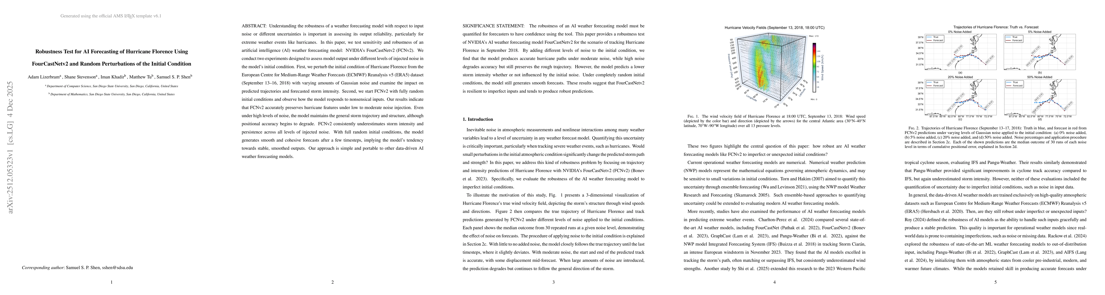Thumbnail for Robustness Test for AI Forecasting of Hurricane Florence Using FourCastNetv2 and Random Perturbations of the Initial Condition