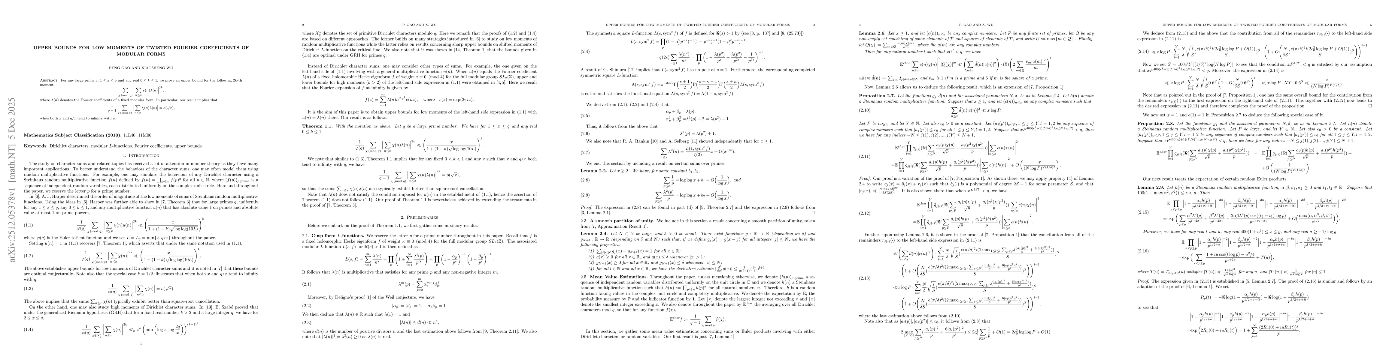 Thumbnail for Upper Bounds for low moments of twisted Fourier coefficients of modular forms
