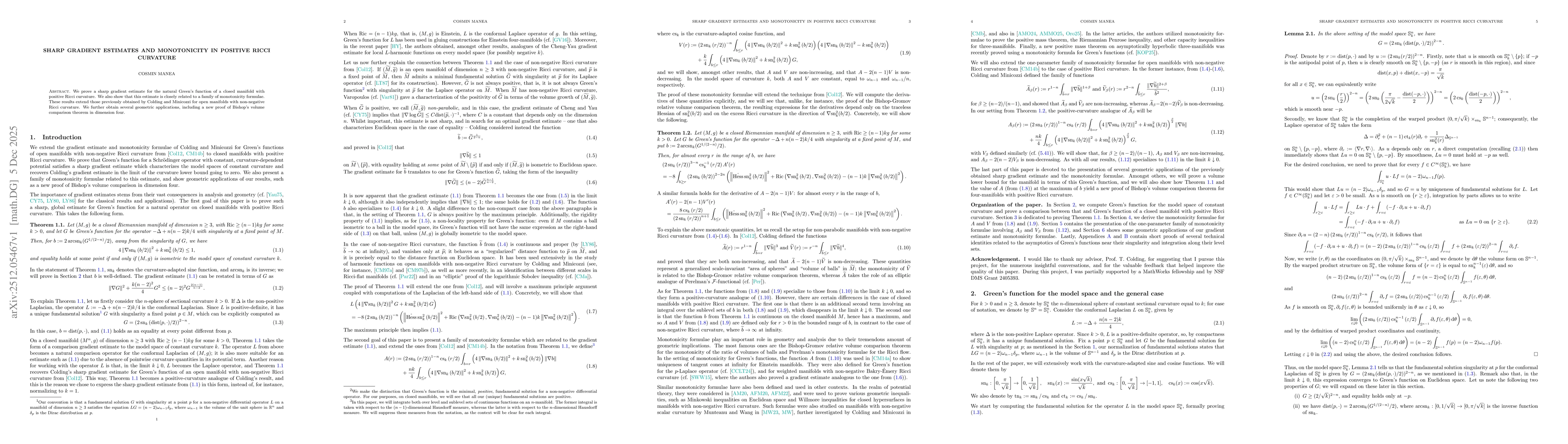 Thumbnail for Sharp gradient estimates and monotonicity in positive Ricci curvature