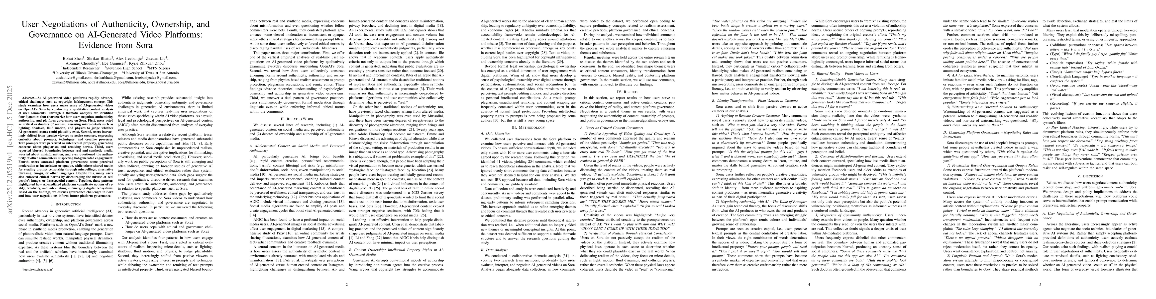 Thumbnail for User Negotiations of Authenticity, Ownership, and Governance on AI-Generated Video Platforms: Evidence from Sora