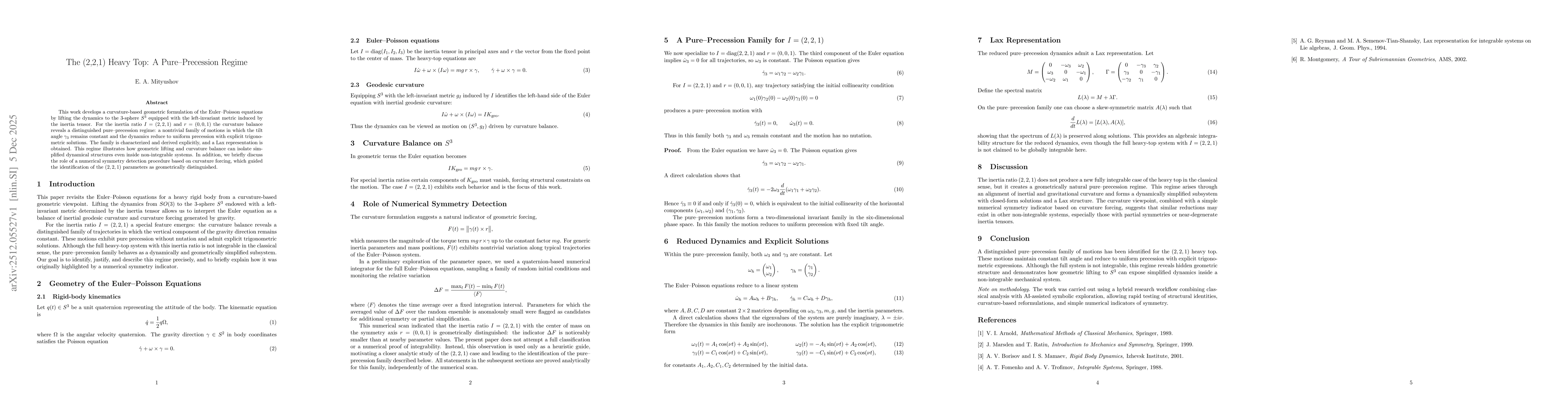 Thumbnail for The (2,2,1) heavy top: a pure-precession regime