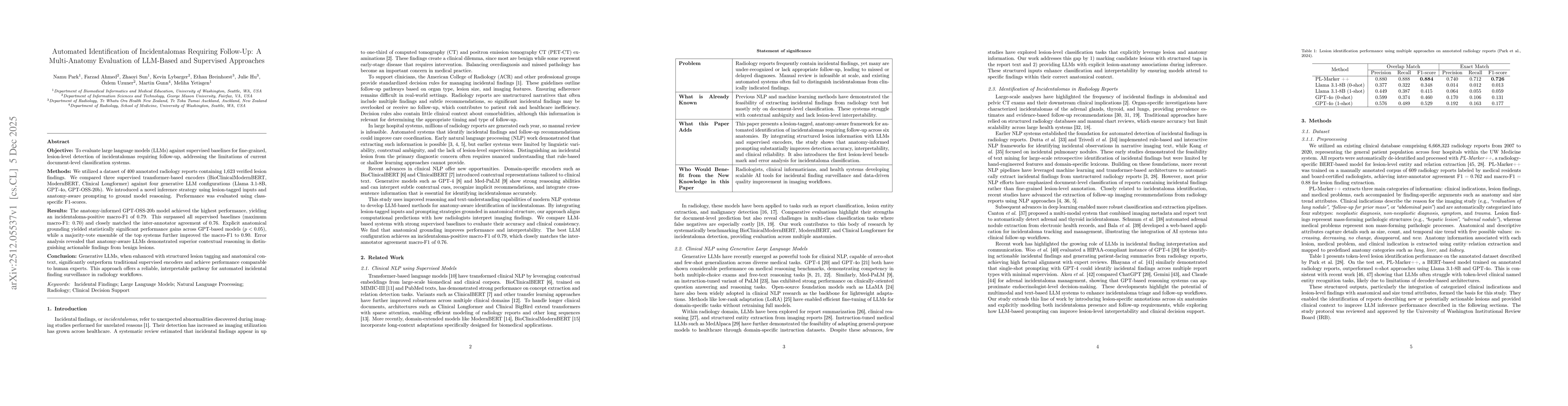 Thumbnail for Automated Identification of Incidentalomas Requiring Follow-Up: A Multi-Anatomy Evaluation of LLM-Based and Supervised Approaches