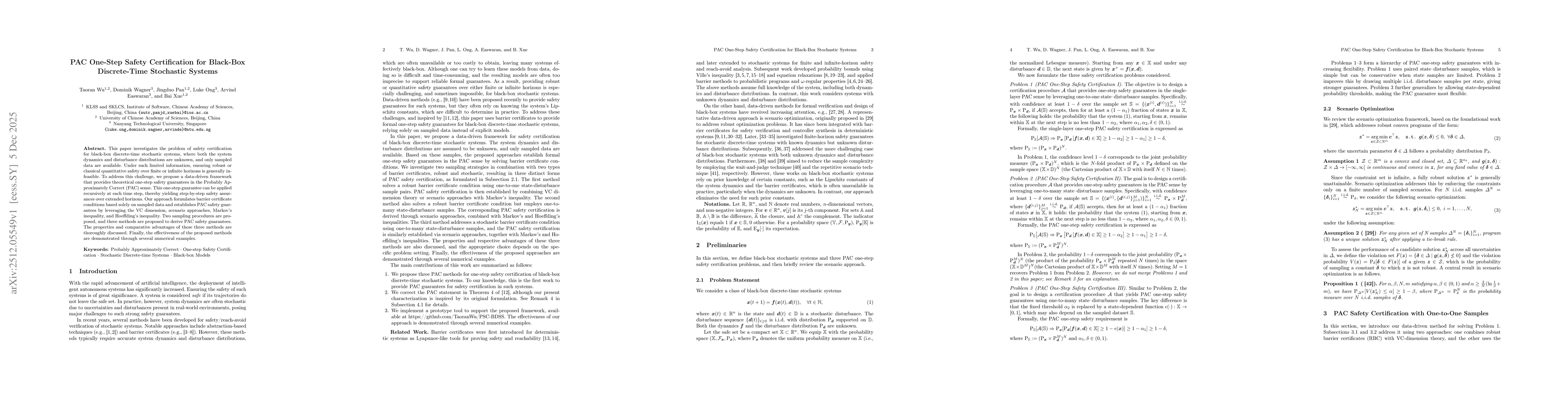 Thumbnail for PAC One-Step Safety Certification for Black-Box Discrete-Time Stochastic Systems