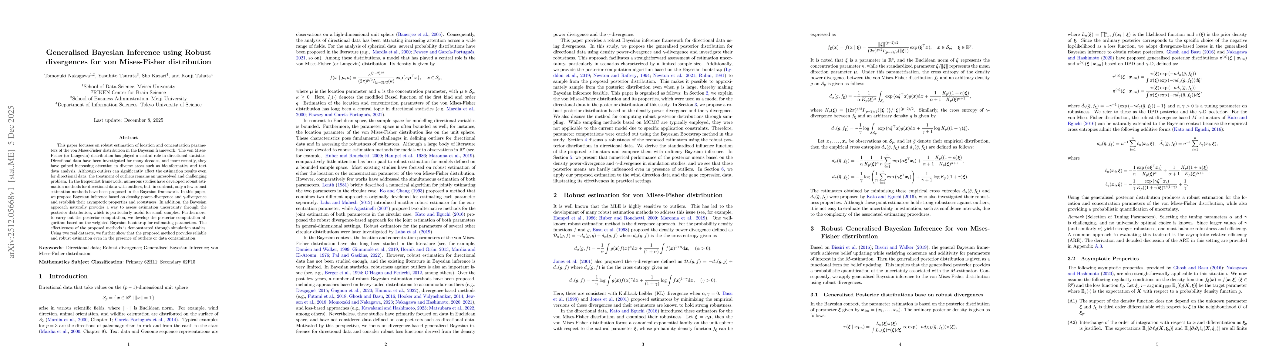 Thumbnail for Generalised Bayesian Inference using Robust divergences for von Mises-Fisher distribution