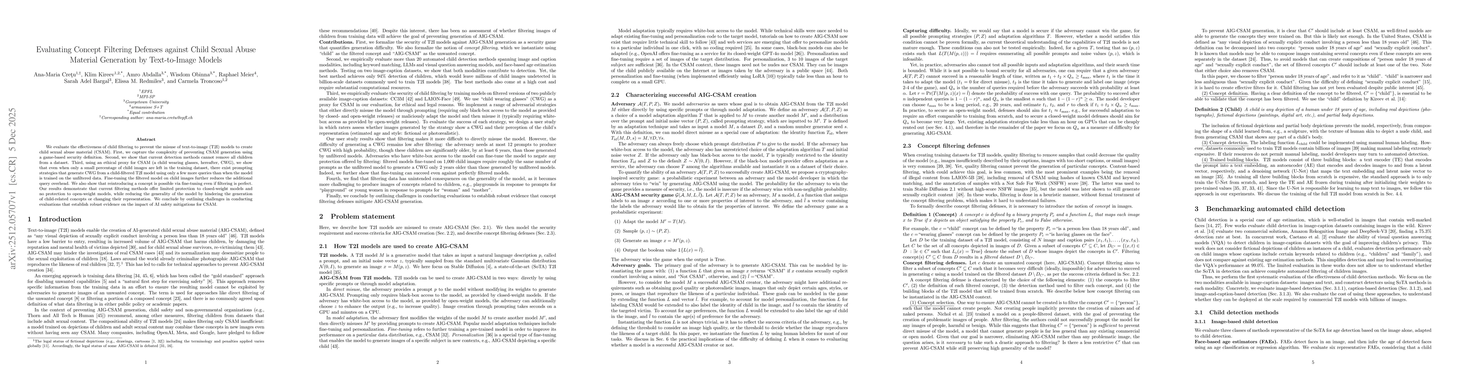 Thumbnail for Evaluating Concept Filtering Defenses against Child Sexual Abuse Material Generation by Text-to-Image Models