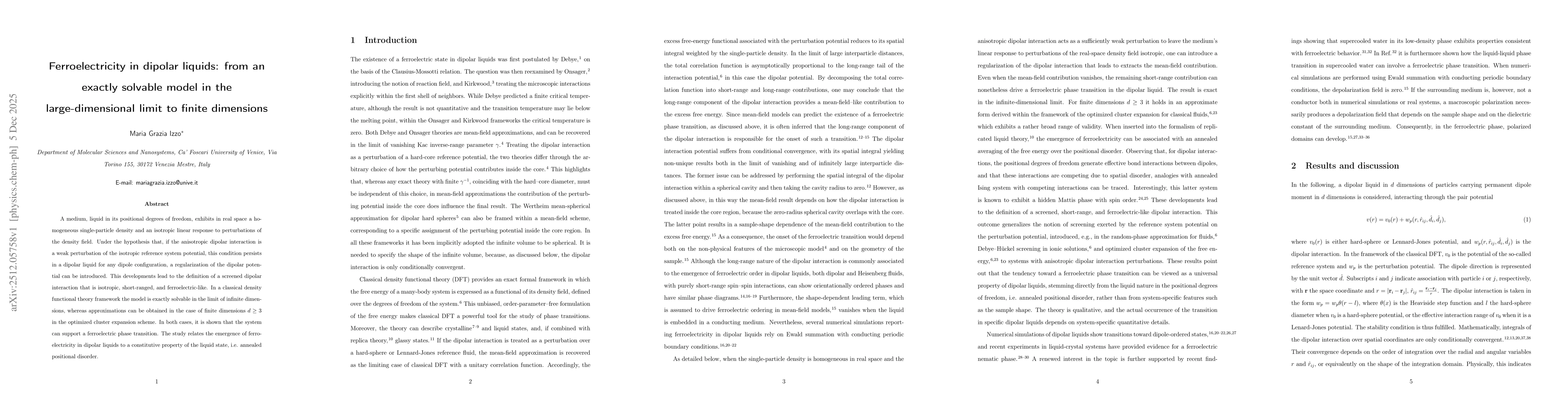 Thumbnail for Ferroelectricity in dipolar liquids: from an exactly solvable model in the large-dimensional limit to finite dimensions