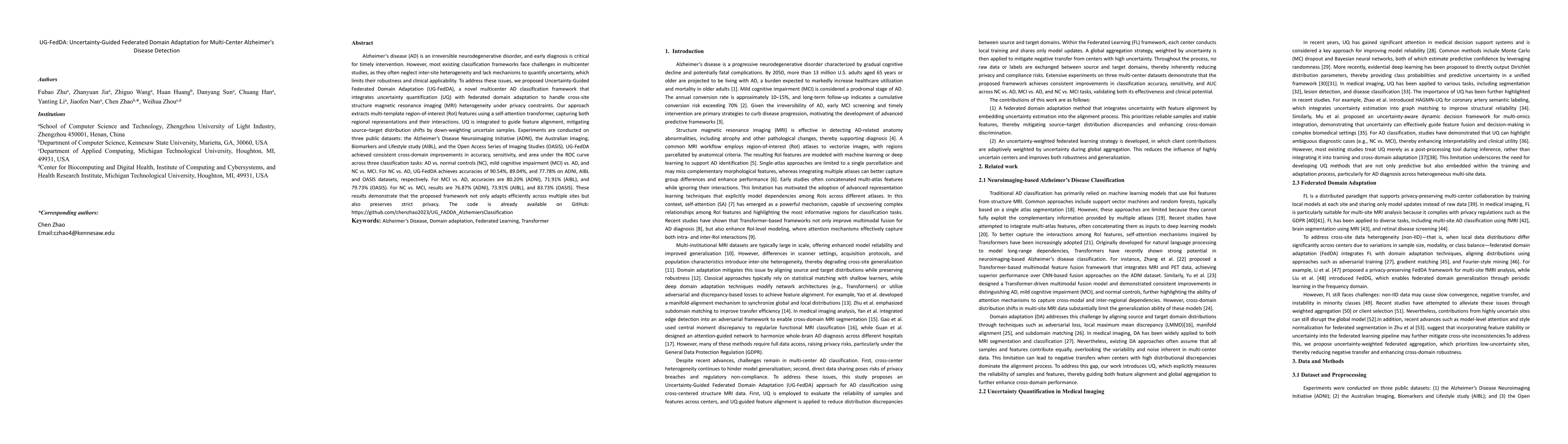 Thumbnail for UG-FedDA: Uncertainty-Guided Federated Domain Adaptation for Multi-Center Alzheimer's Disease Detection