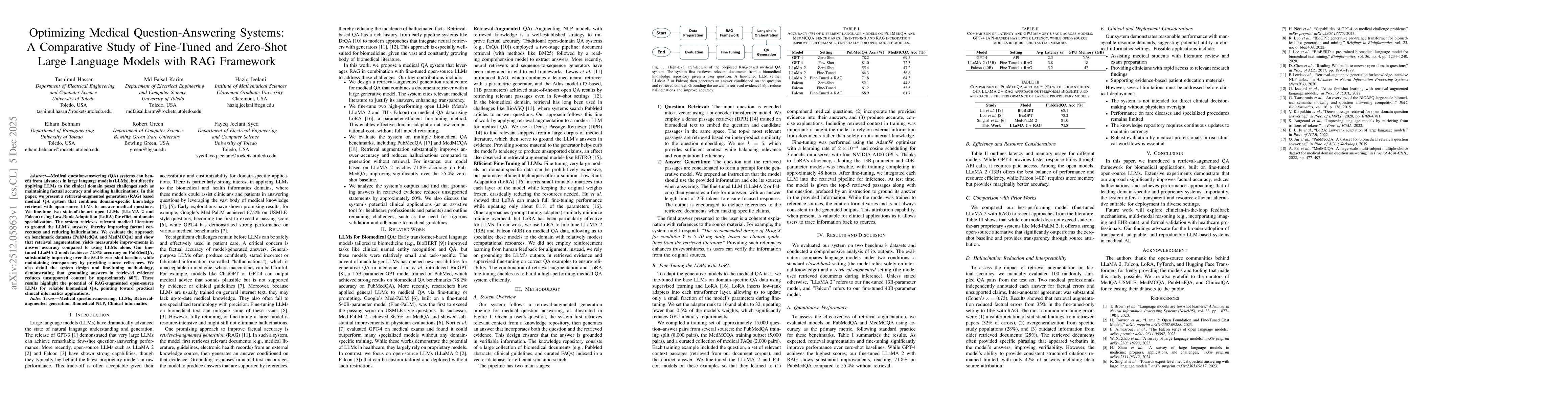 Thumbnail for Optimizing Medical Question-Answering Systems: A Comparative Study of Fine-Tuned and Zero-Shot Large Language Models with RAG Framework