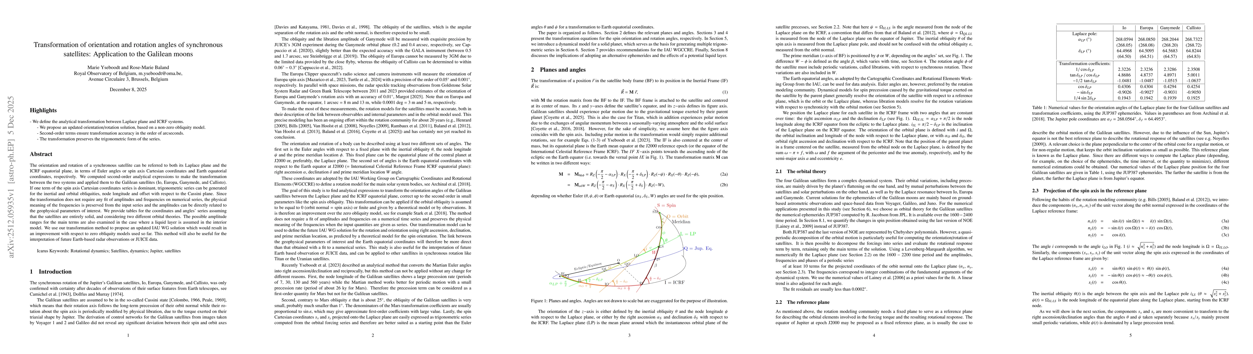 Thumbnail for Transformation of orientation and rotation angles of synchronous satellites: Application to the Galilean moons