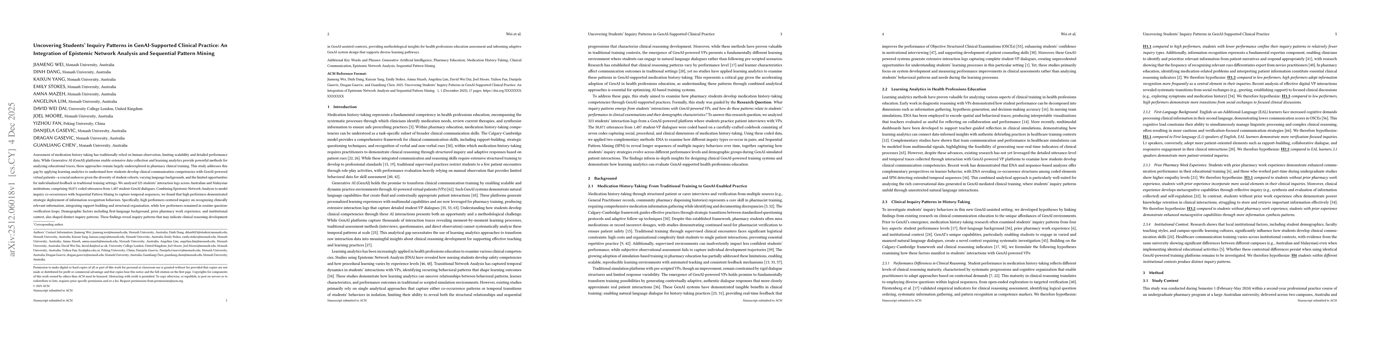 Thumbnail for Uncovering Students' Inquiry Patterns in GenAI-Supported Clinical Practice: An Integration of Epistemic Network Analysis and Sequential Pattern Mining