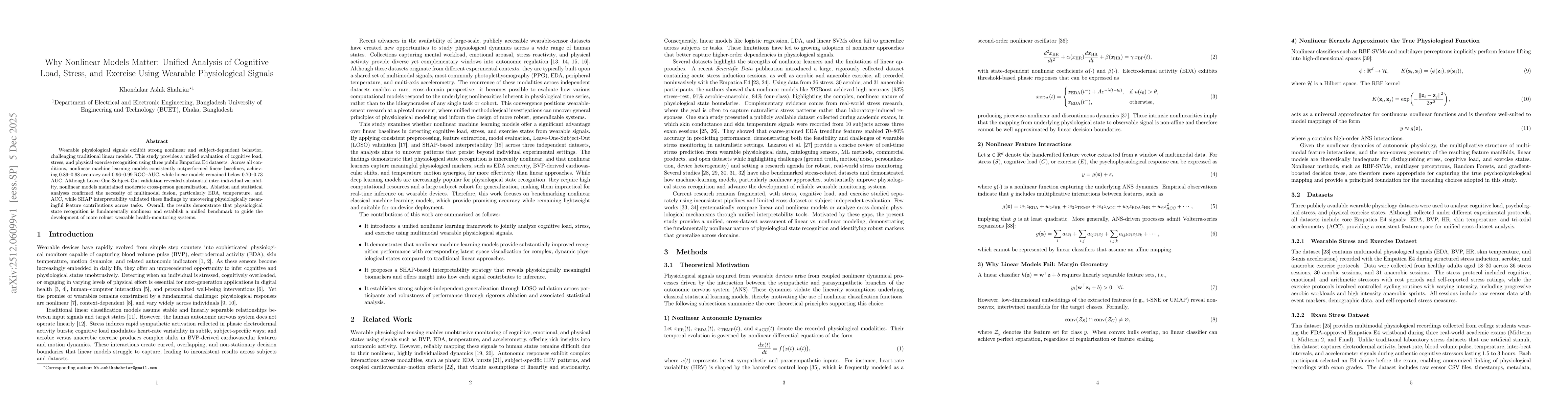 Thumbnail for Why Nonlinear Models Matter: Unified Analysis of Cognitive Load, Stress, and Exercise Using Wearable Physiological Signals