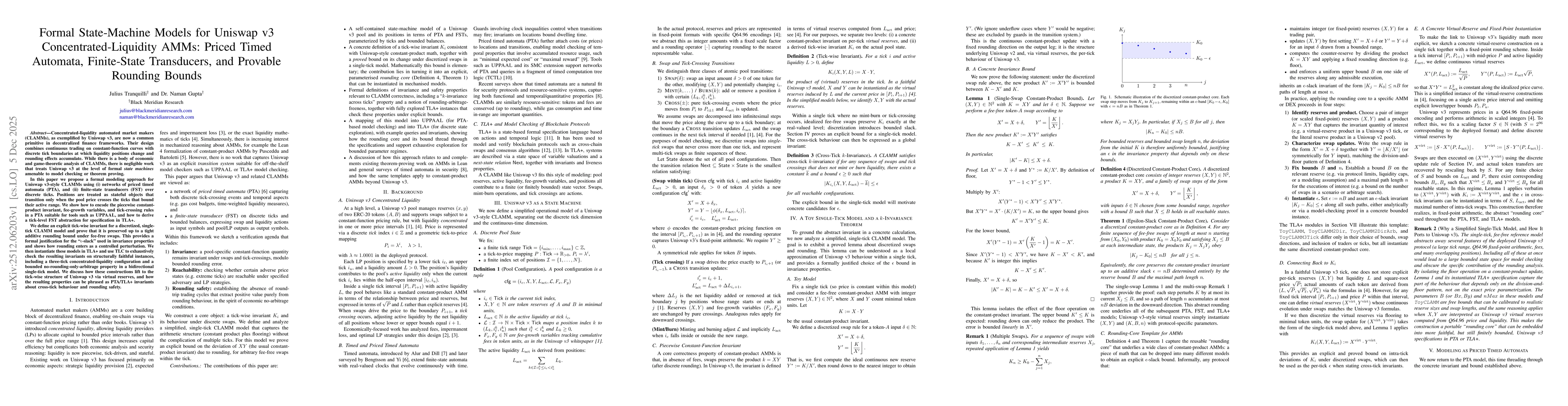 Thumbnail for Formal State-Machine Models for Uniswap v3 Concentrated-Liquidity AMMs: Priced Timed Automata, Finite-State Transducers, and Provable Rounding Bounds