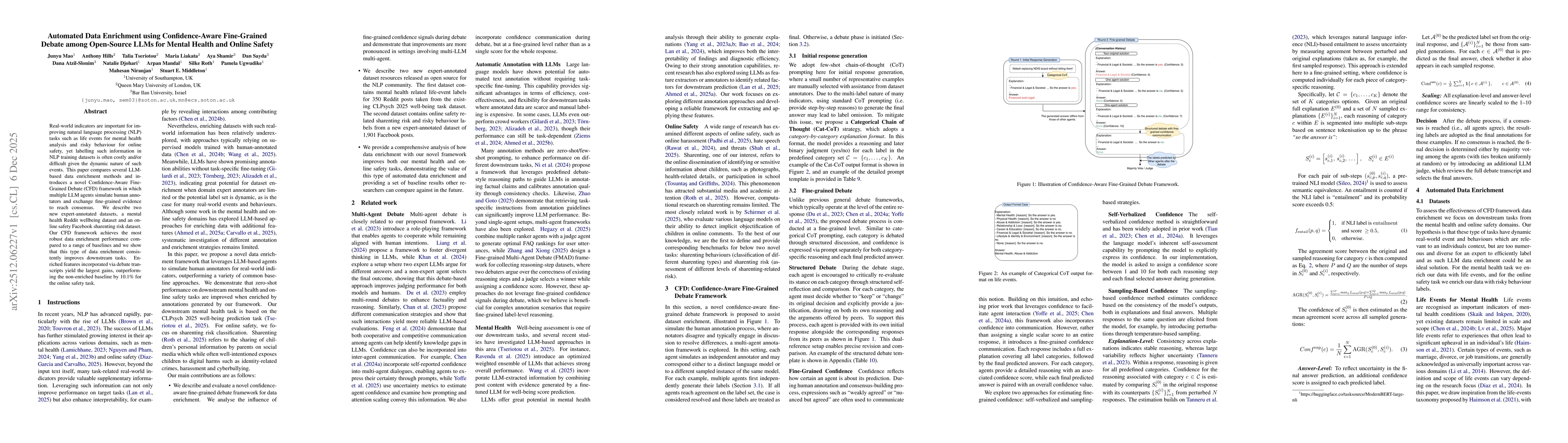 Thumbnail for Automated Data Enrichment using Confidence-Aware Fine-Grained Debate among Open-Source LLMs for Mental Health and Online Safety