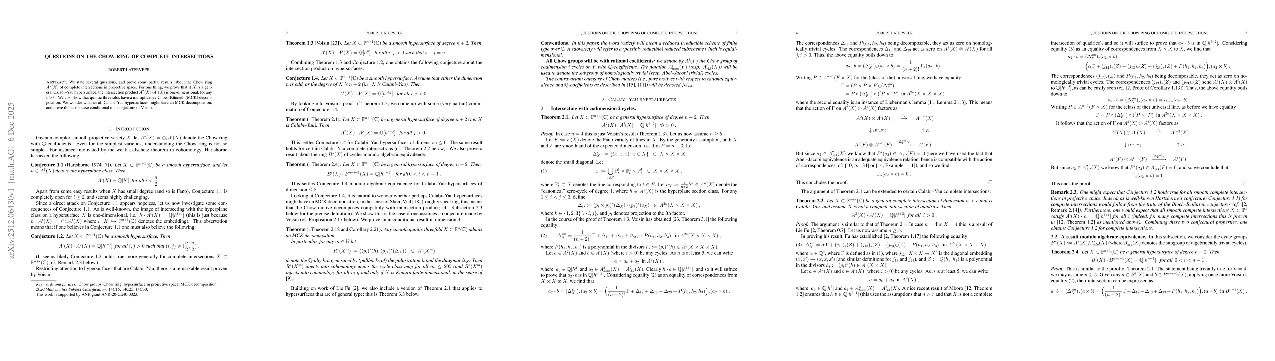 Thumbnail for Questions on the Chow ring of complete intersections