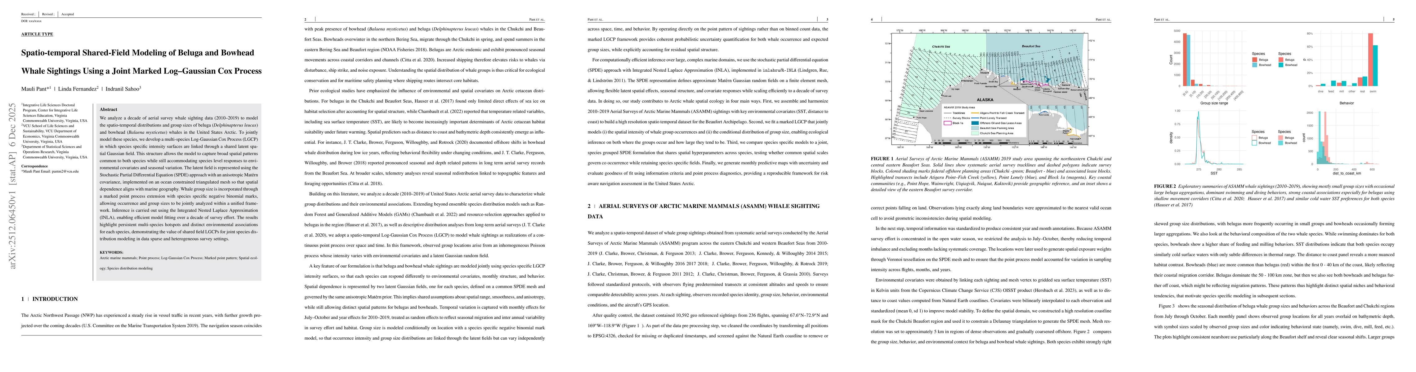 Thumbnail for Spatio-temporal Shared-Field Modeling of Beluga and Bowhead Whale Sightings Using a Joint Marked Log-Gaussian Cox Process
