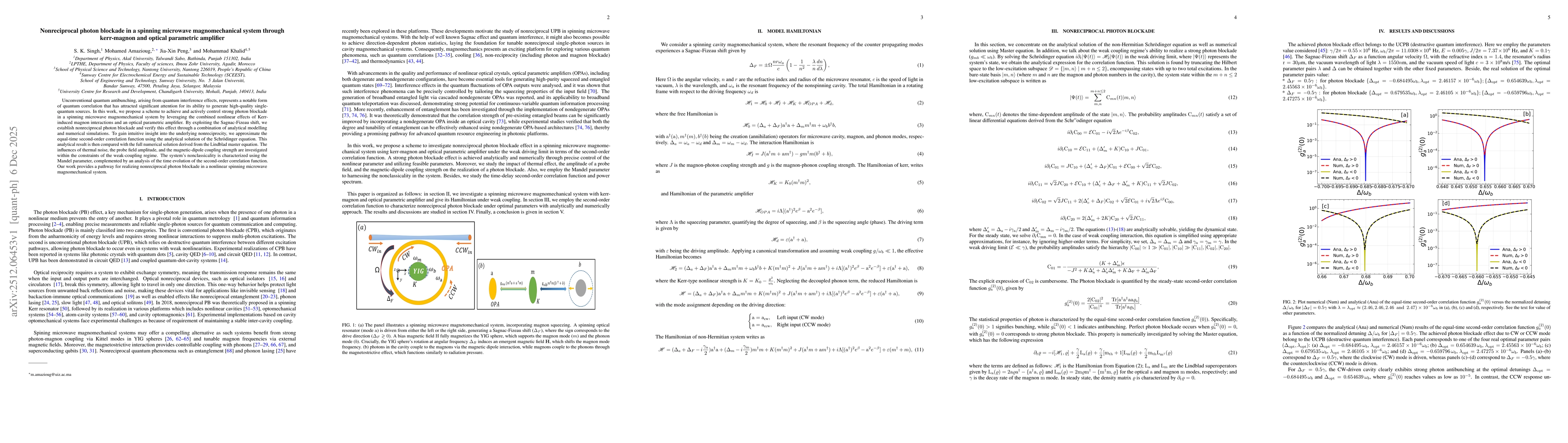 Thumbnail for Nonreciprocal photon blockade in a spinning microwave magnomechanical system through kerr-magnon and optical parametric amplifier