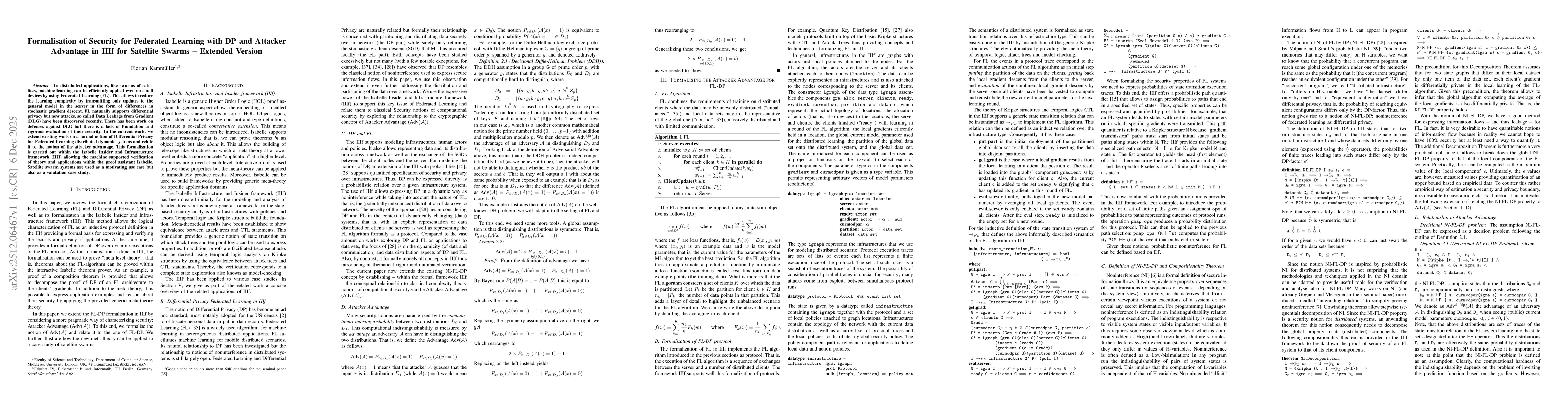 Thumbnail for Formalisation of Security for Federated Learning with DP and Attacker Advantage in IIIf for Satellite Swarms -- Extended Version