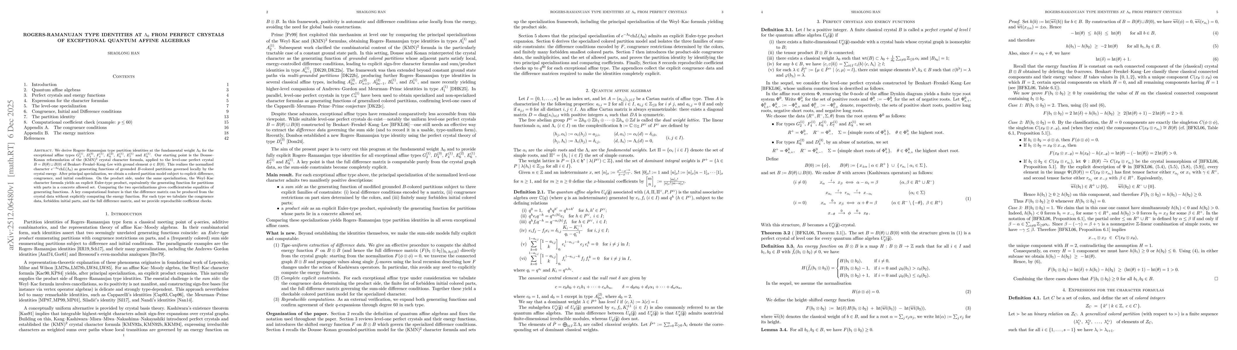 Thumbnail for Rogers-Ramanujan type identities at $Λ_0$ from perfect crystals of exceptional quantum affine algebras