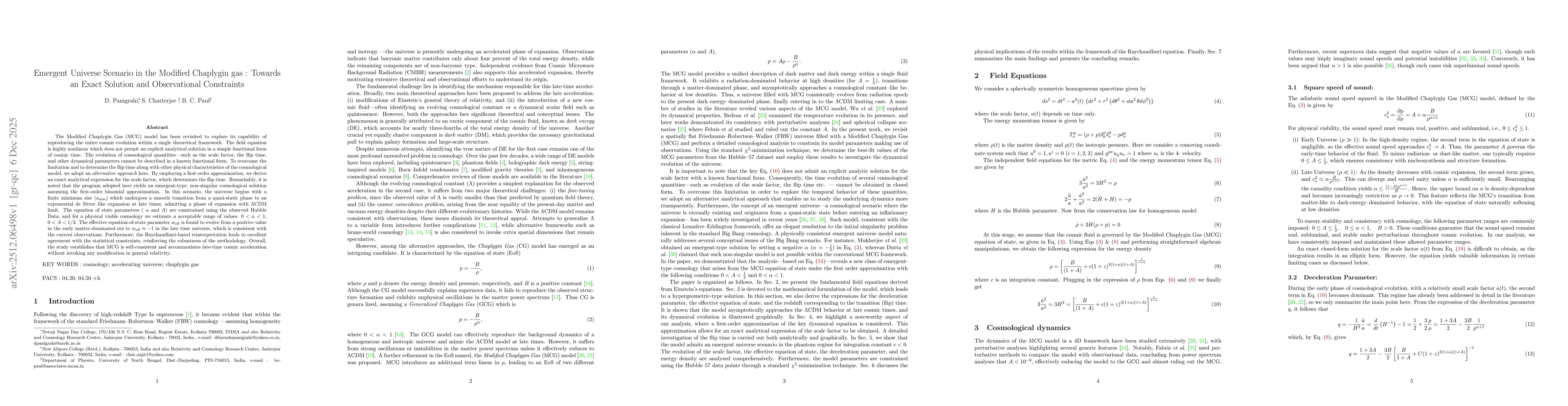 Thumbnail for Emergent Universe Scenario in the Modified Chaplygin gas : Towards an Exact Solution and Observational Constraints