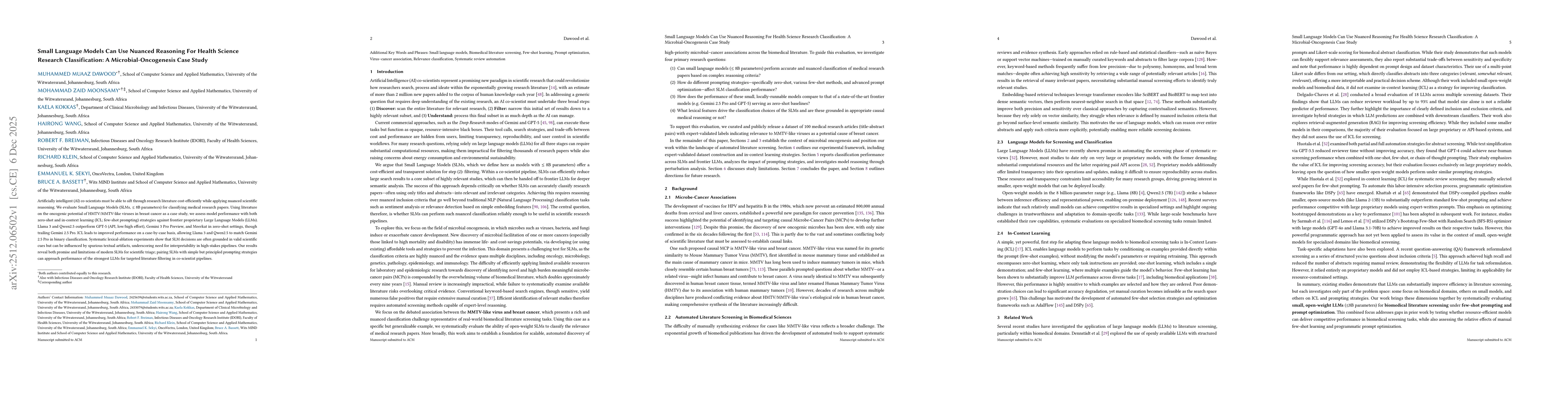 Thumbnail for Small Language Models Can Use Nuanced Reasoning For Health Science Research Classification: A Microbial-Oncogenesis Case Study