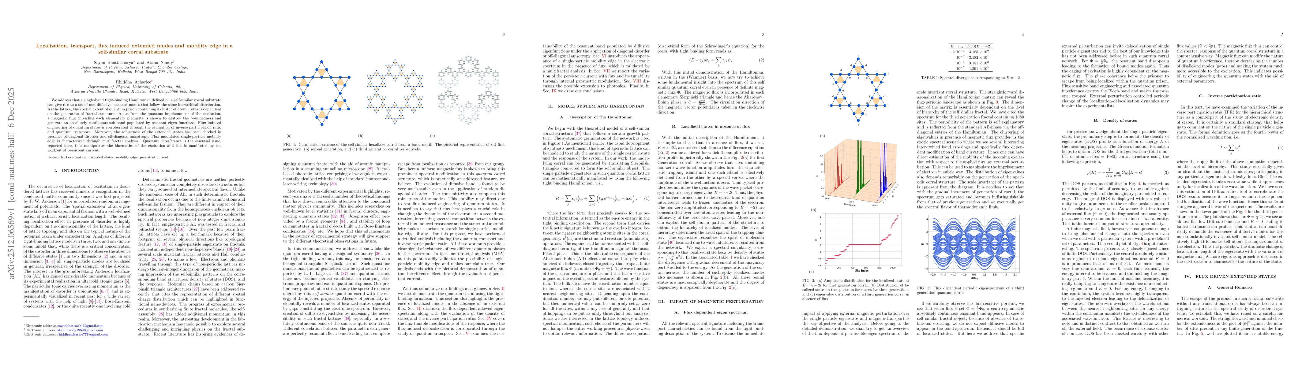 Thumbnail for Localization, transport, flux induced extended modes and mobility edge in a self-similar corral substrate