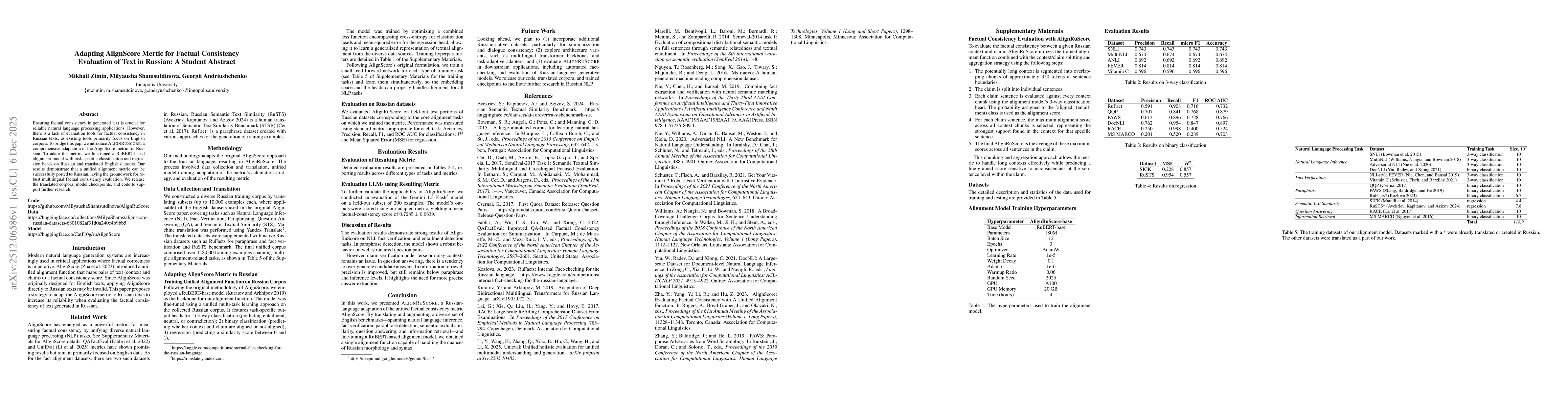 Thumbnail for Adapting AlignScore Mertic for Factual Consistency Evaluation of Text in Russian: A Student Abstract
