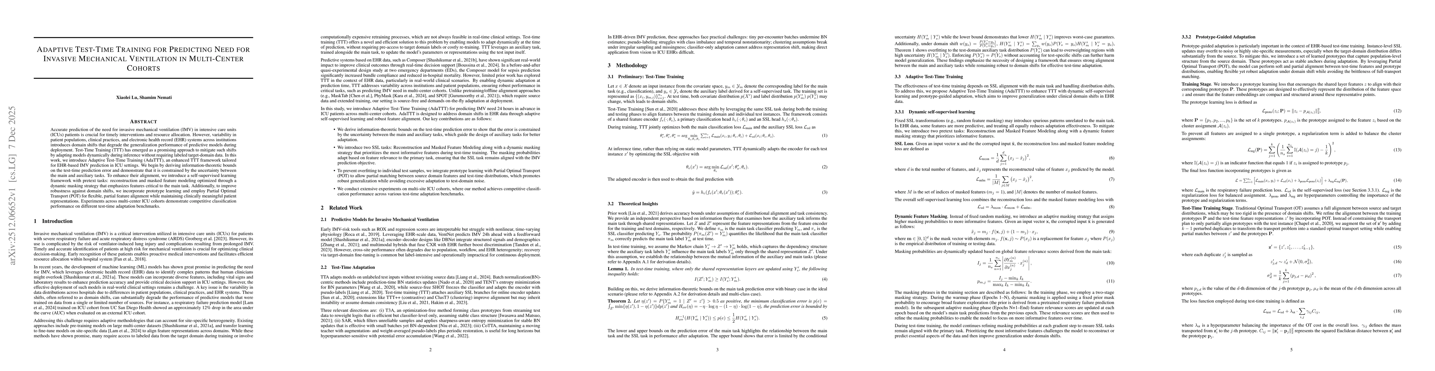 Thumbnail for Adaptive Test-Time Training for Predicting Need for Invasive Mechanical Ventilation in Multi-Center Cohorts