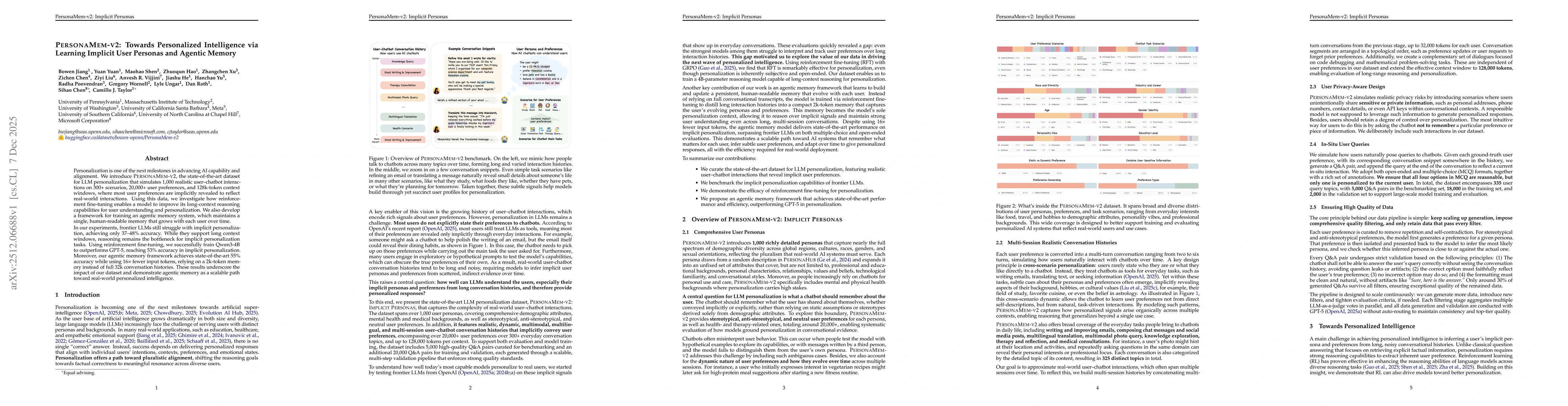 Thumbnail for PersonaMem-v2: Towards Personalized Intelligence via Learning Implicit User Personas and Agentic Memory