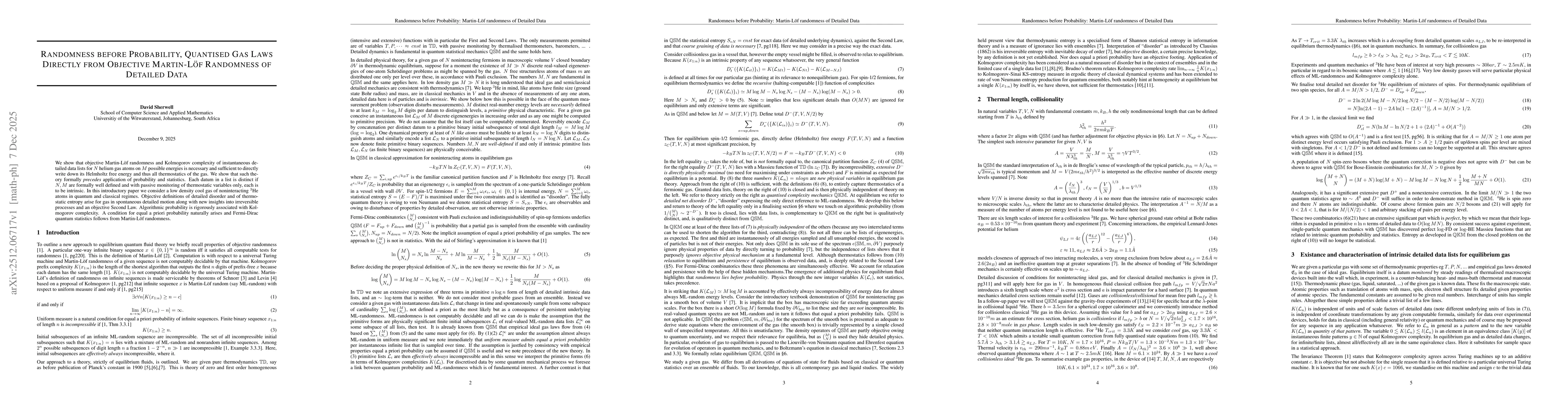 Thumbnail for Randomness before Probability, Quantised Gas Laws Directly from Objective Martin-Lof Randomness of Detailed Data