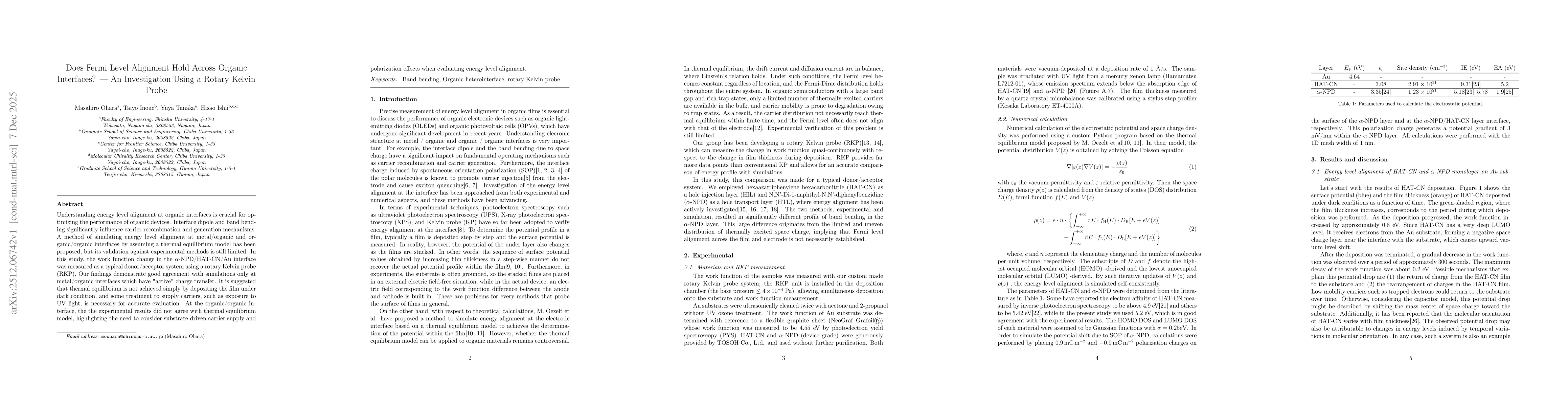 Thumbnail for Does Fermi Level Alignment Hold Across Organic Interfaces? -- An Investigation Using a Rotary Kelvin Probe