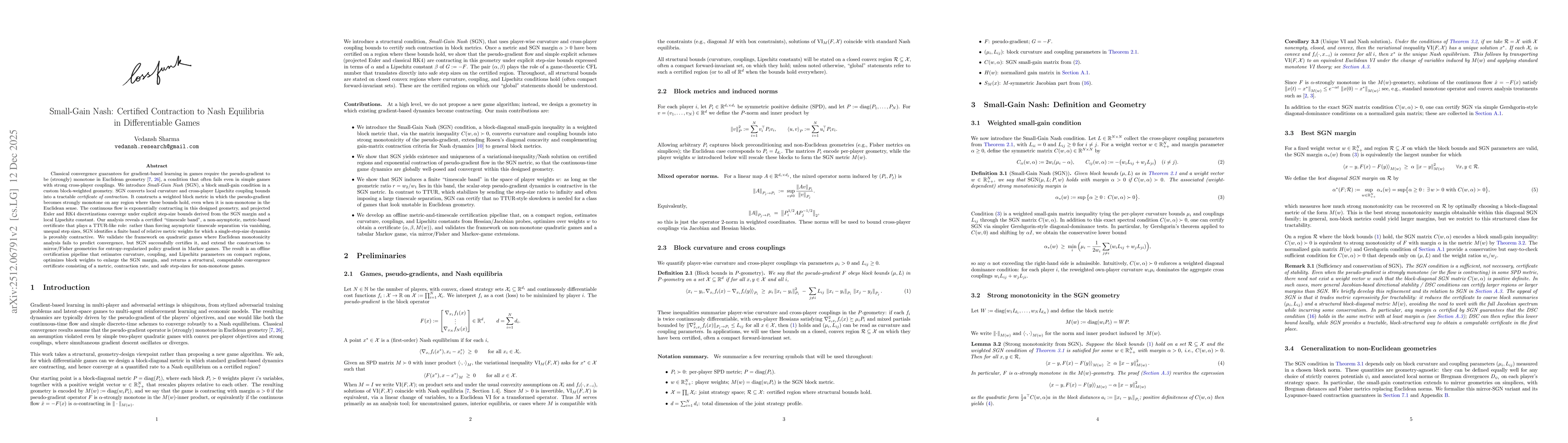 Thumbnail for Small-Gain Nash: Certified Contraction to Nash Equilibria in Differentiable Games