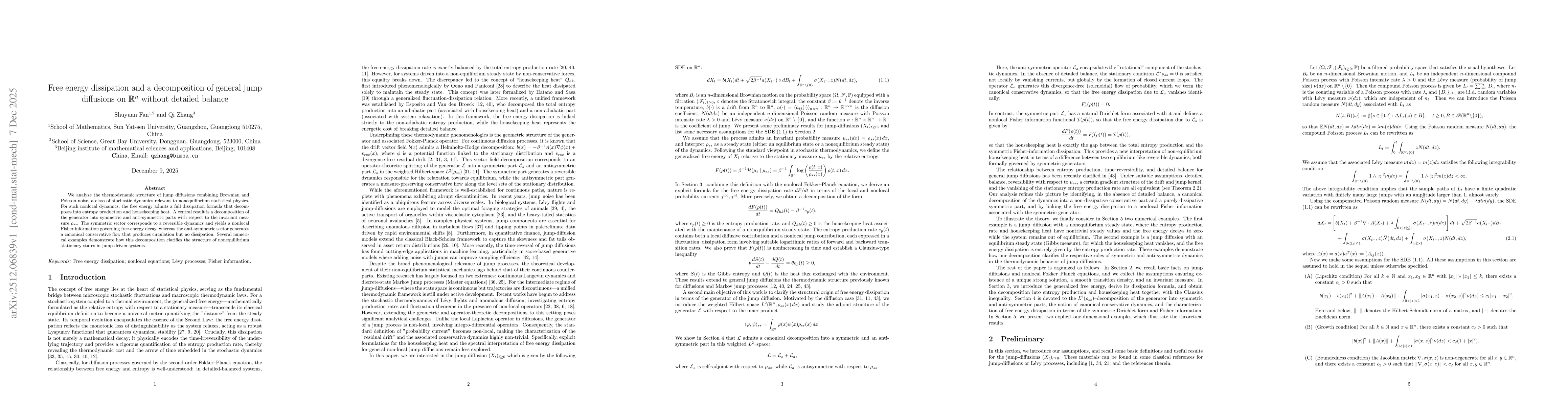 Thumbnail for Free energy dissipation and a decomposition of general jump diffusions on $\mathbb{R}^n$ without detailed balance