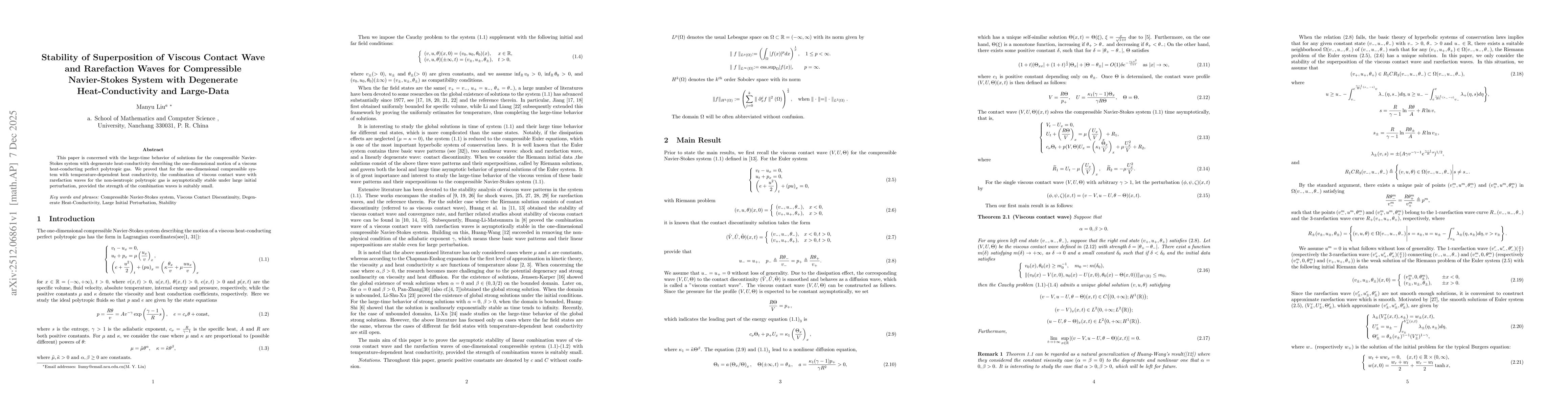 Thumbnail for Stability of Superposition of Viscous Contact Wave and Rarefaction Waves for Compressible Navier-Stokes System with Degenerate Heat-Conductivity and Large-Data