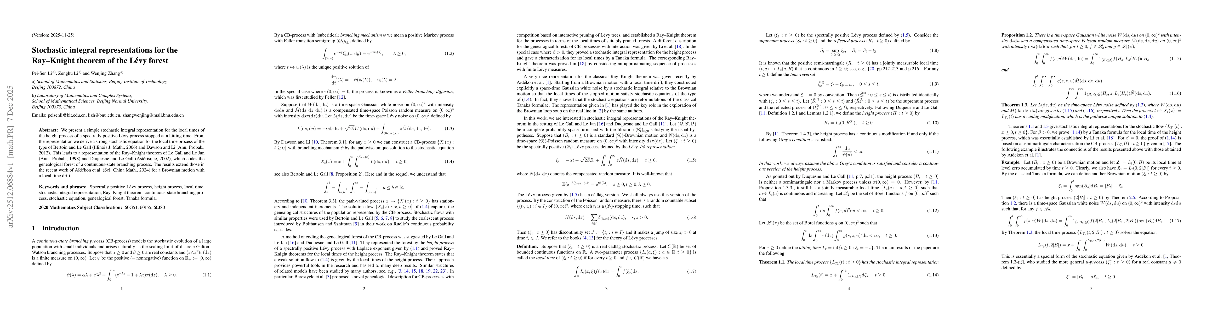 Thumbnail for Stochastic integral representations for the Ray-Knight theorem of the Levy forest