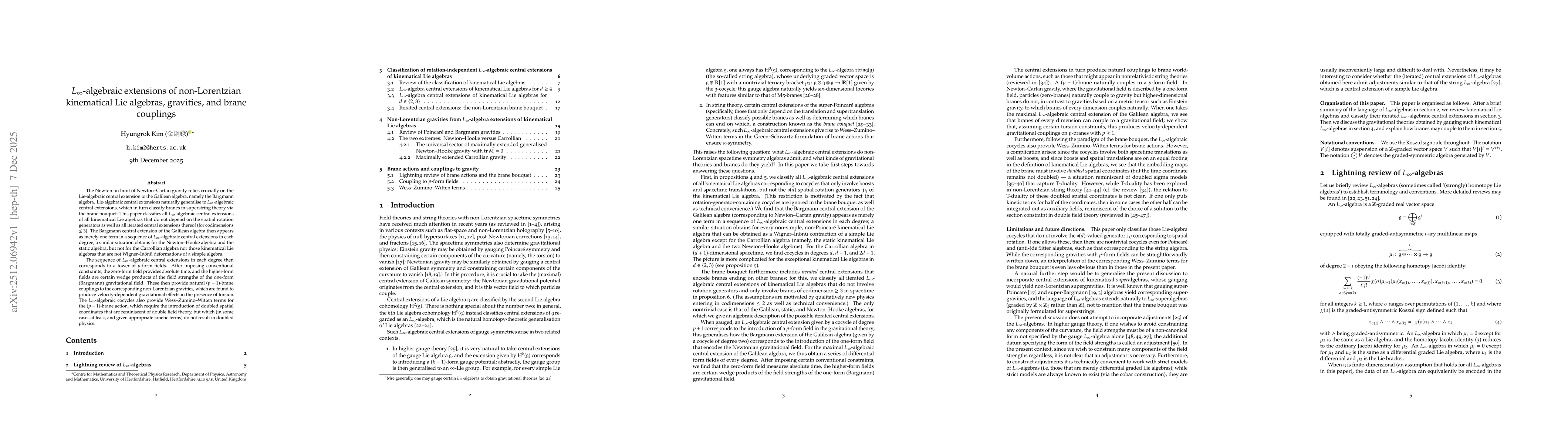Thumbnail for $L_\infty$-algebraic extensions of non-Lorentzian kinematical Lie algebras, gravities, and brane couplings