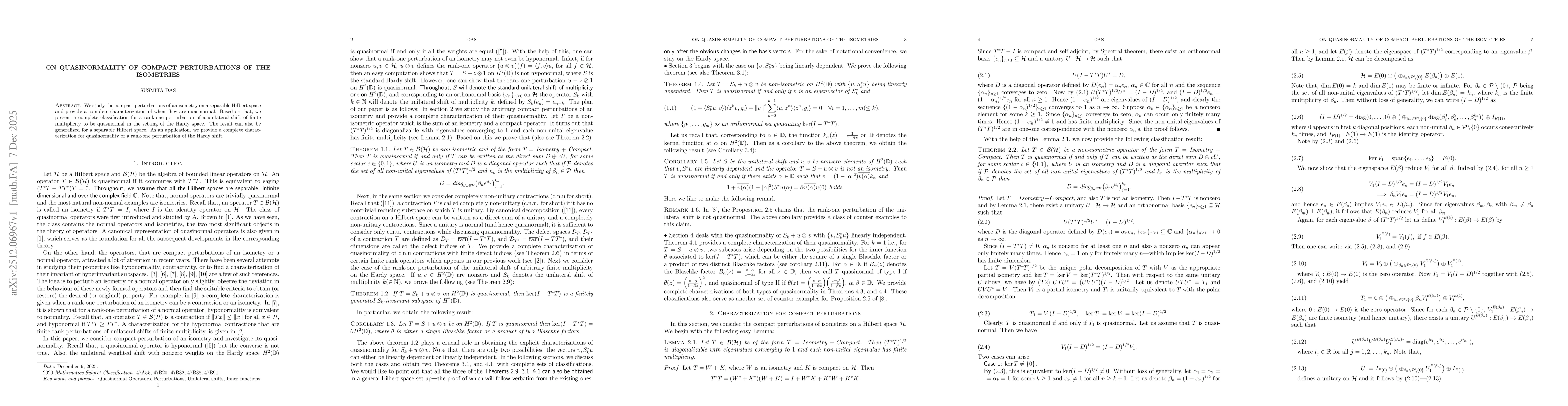 Thumbnail for On Quasinormality of compact perturbations of the isometries