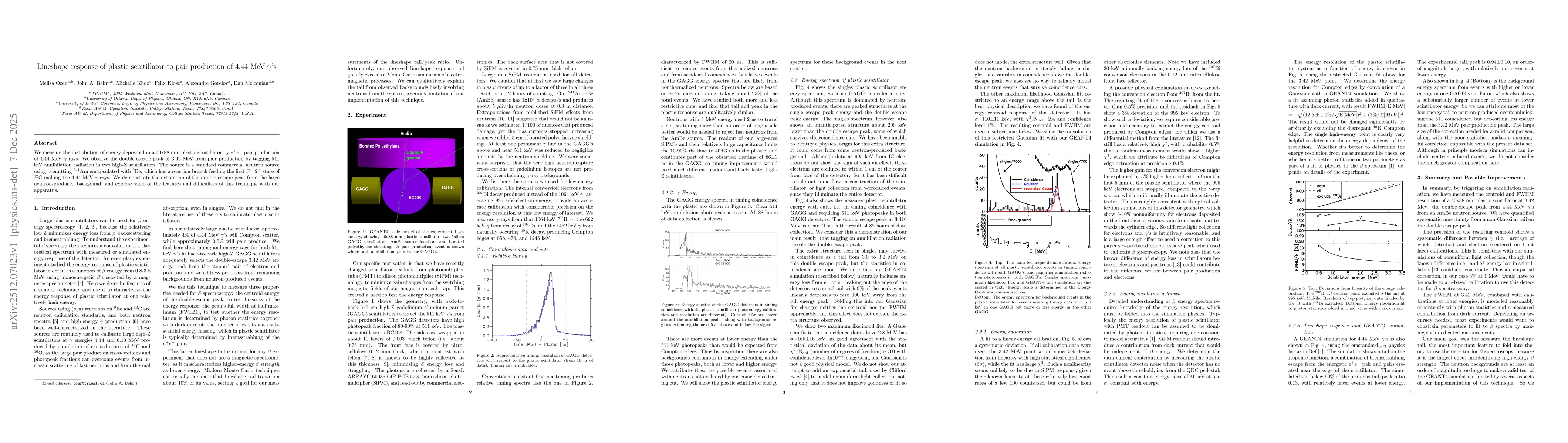 Thumbnail for Lineshape response of plastic scintillator to pair production of 4.44 MeV gamma's