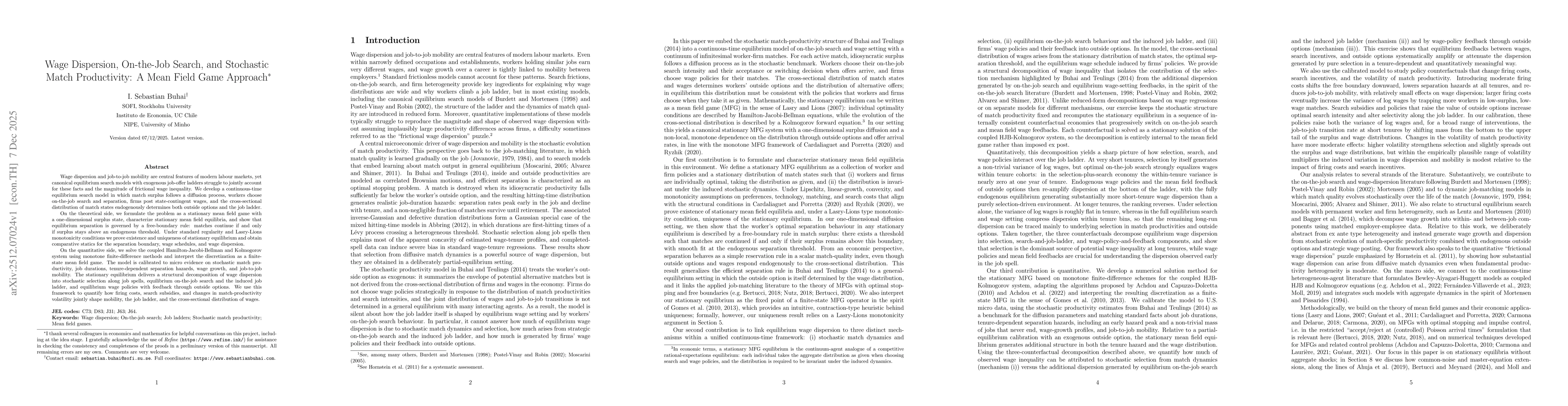 Thumbnail for Wage Dispersion, On-the-Job Search, and Stochastic Match Productivity: A Mean Field Game Approach