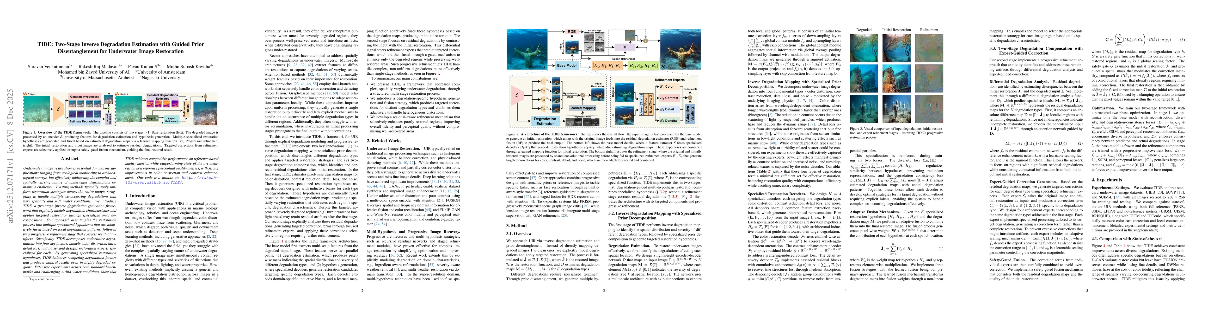 Thumbnail for TIDE: Two-Stage Inverse Degradation Estimation with Guided Prior Disentanglement for Underwater Image Restoration