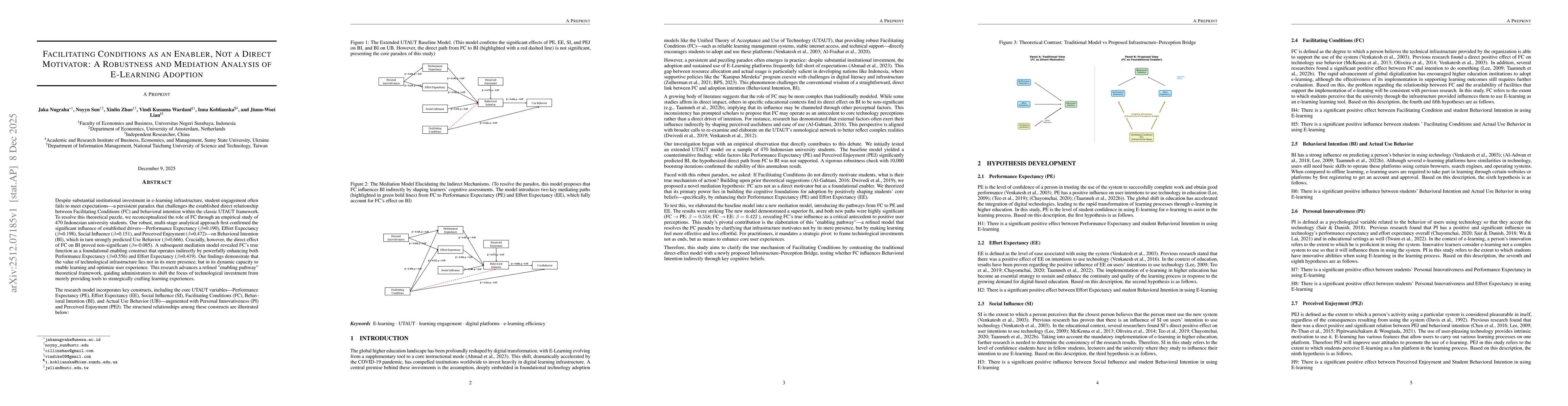 Thumbnail for Facilitating Conditions as an Enabler, Not a Direct Motivator: A Robustness and Mediation Analysis of E-Learning Adoption