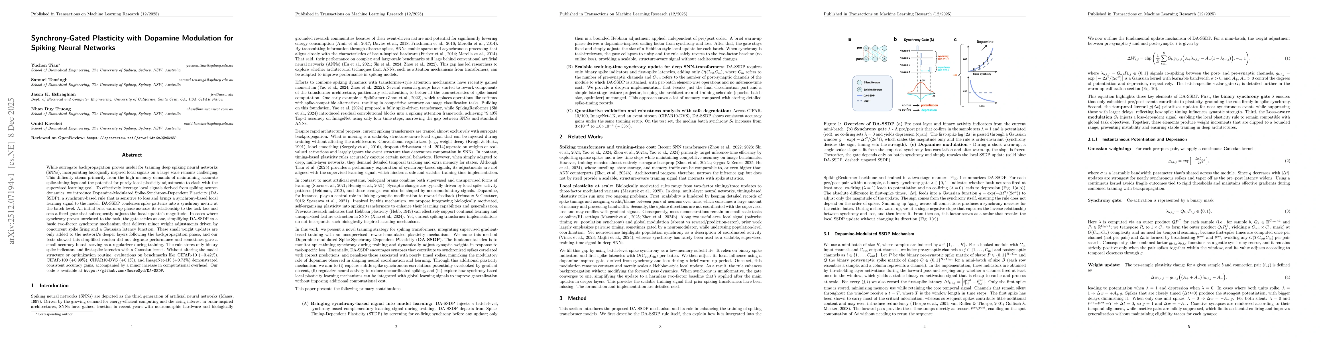 Thumbnail for Synchrony-Gated Plasticity with Dopamine Modulation for Spiking Neural Networks