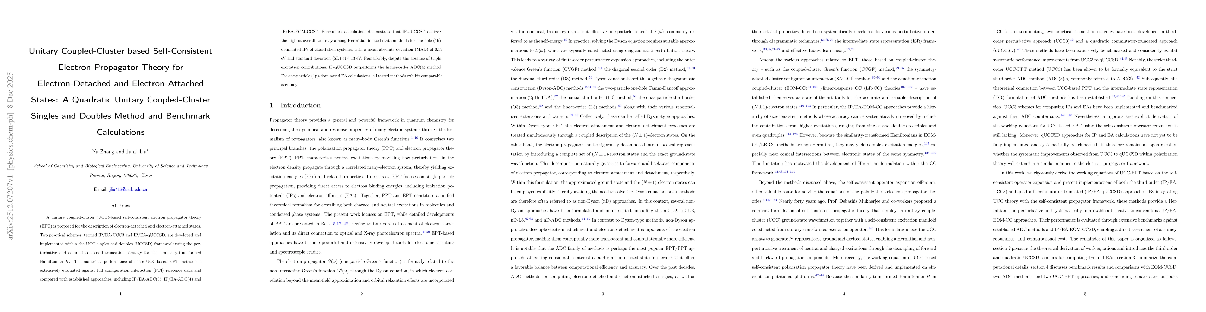 Thumbnail for Unitary Coupled-Cluster based Self-Consistent Electron Propagator Theory for Electron-Detached and Electron-Attached States: A Quadratic Unitary Coupled-Cluster Singles and Doubles Method and Benchmark Calculations