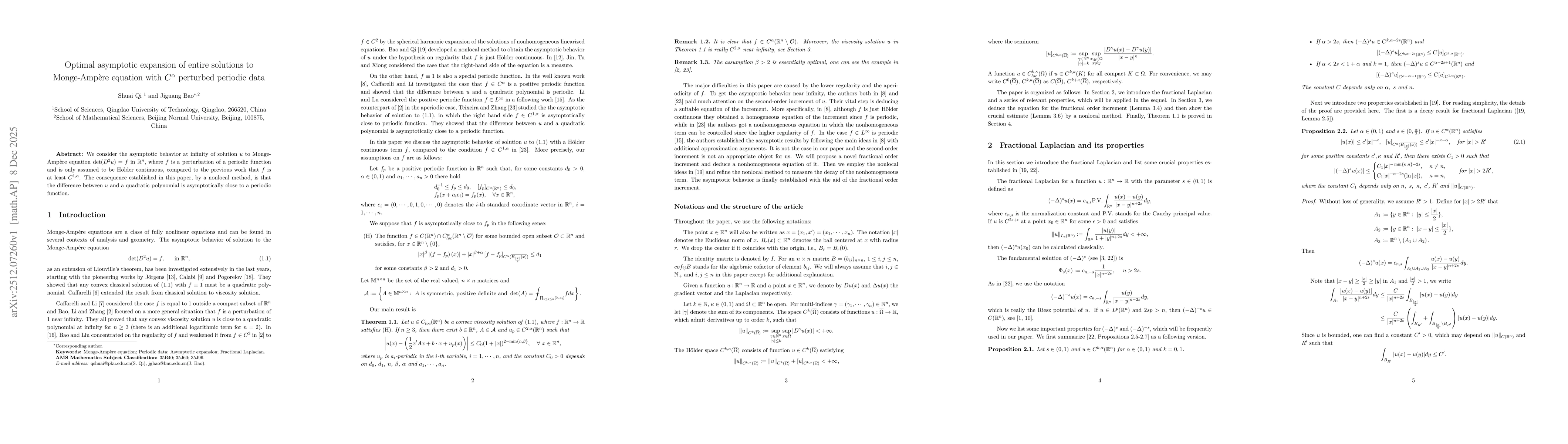 Thumbnail for Optimal asymptotic expansion of entire solutions to Monge-Ampère equation with $C^α$ perturbed periodic data