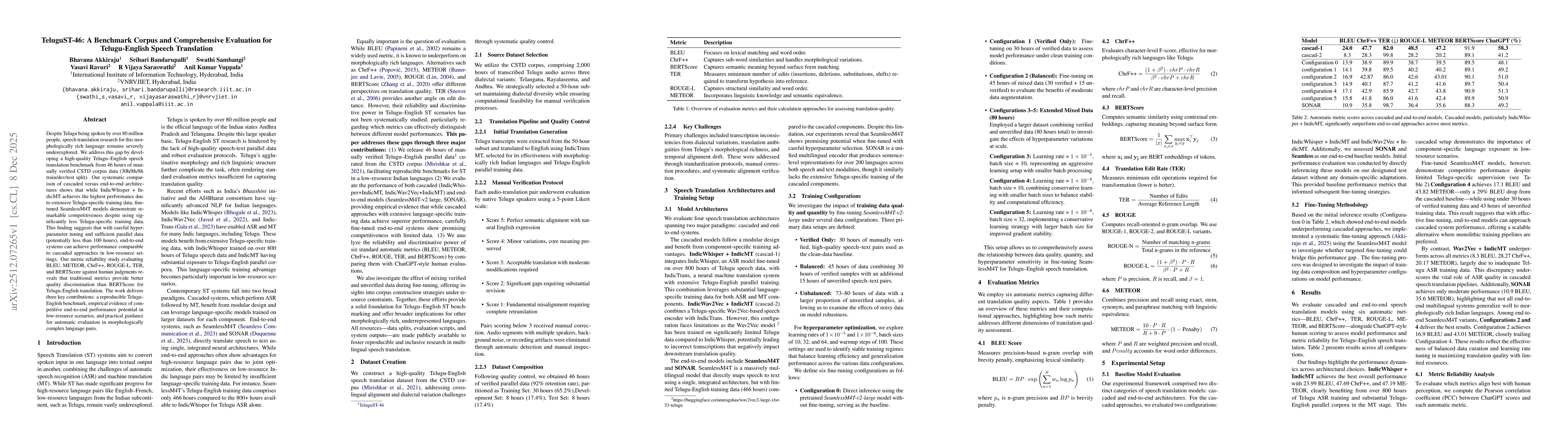 Thumbnail for TeluguST-46: A Benchmark Corpus and Comprehensive Evaluation for Telugu-English Speech Translation