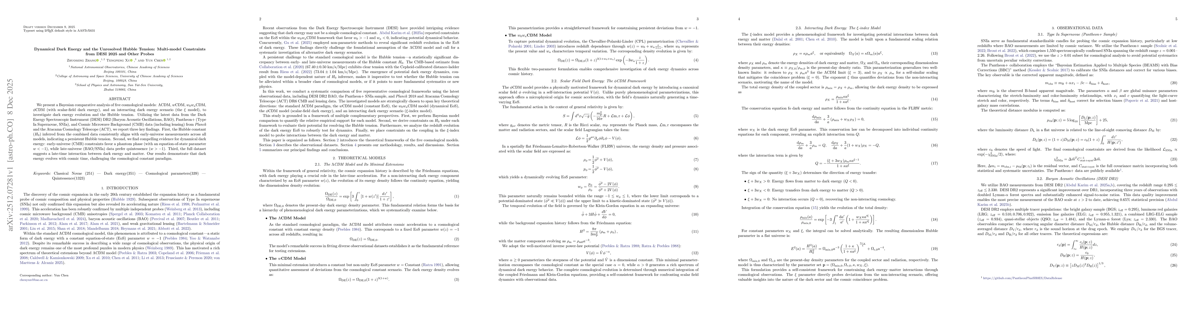 Thumbnail for Dynamical Dark Energy and the Unresolved Hubble Tension: Multi-model Constraints from DESI 2025 and Other Probes