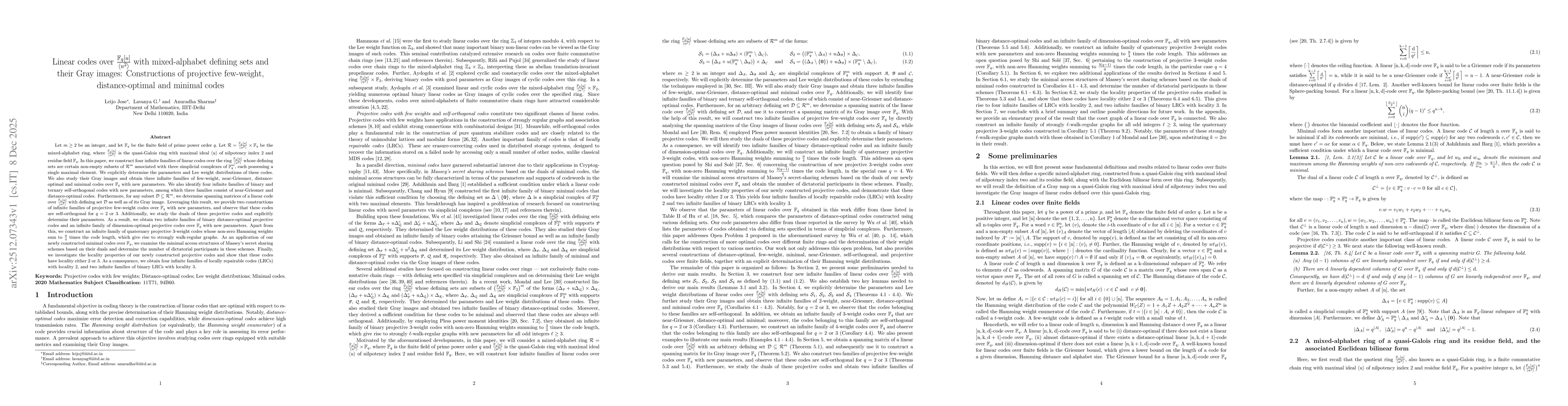 Thumbnail for Linear codes over $\frac{\mathbb{F}_q[u]}{\langle u^2 \rangle}$ with mixed-alphabet defining sets and their Gray images: Constructions of projective few-weight, distance-optimal and minimal codes