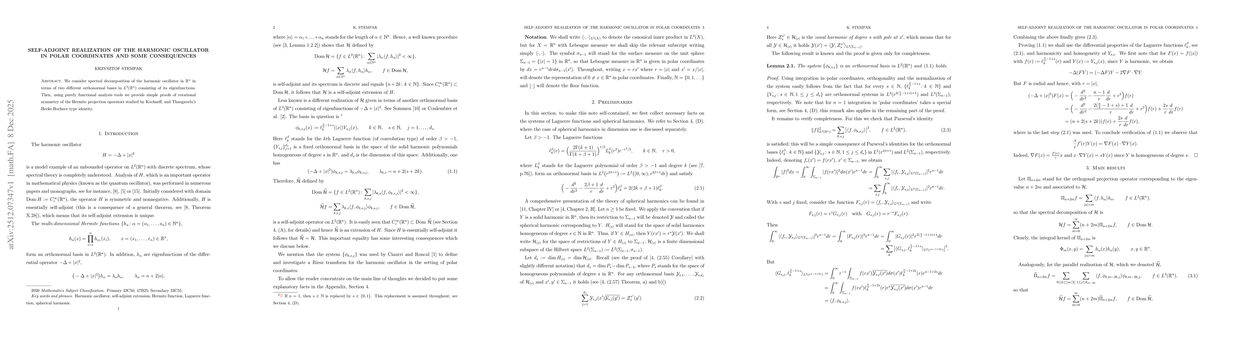 Thumbnail for Self-adjoint realization of the harmonic oscillator in polar coordinates and some consequences