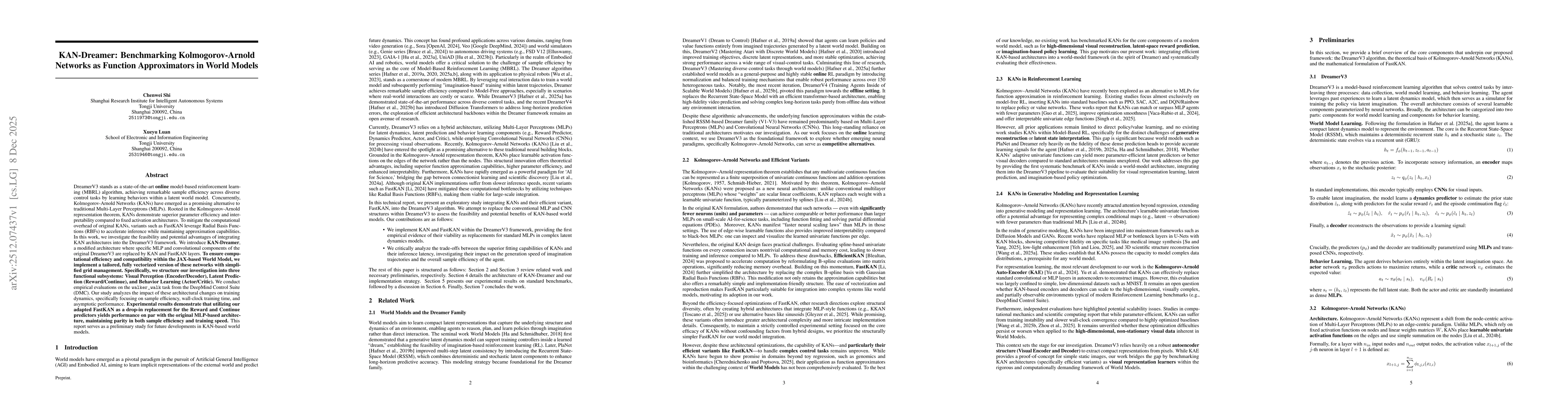 Thumbnail for KAN-Dreamer: Benchmarking Kolmogorov-Arnold Networks as Function Approximators in World Models
