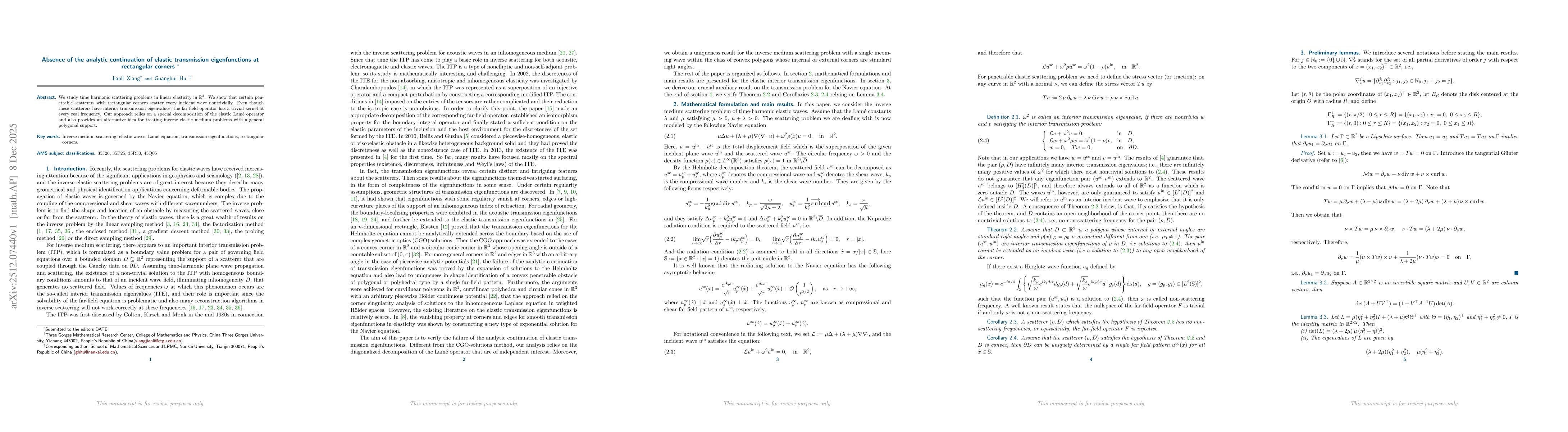 Thumbnail for Absence of the analytic continuation of elastic transmission eigenfunctions at rectangular corners