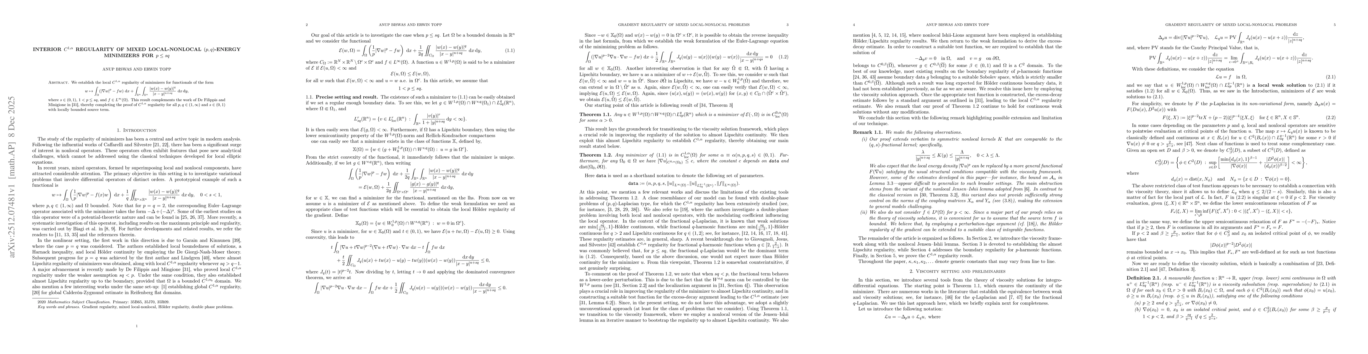 Thumbnail for Interior $C^{1,α}$ regularity of mixed local-nonlocal $(p,q)$-energy minimizers for $p\leq sq$
